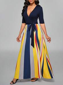 SHEIN Unity Women's Elegant Colorblock Striped Print Patchwork Dress - Blue - View 3