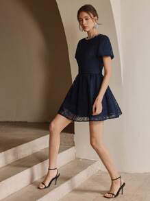 Anewsta 时尚优雅的女士蕾丝泡泡袖收腰珍珠装饰中长连衣裙，适合节日、外出、度假装、春夏季 - 寶藍色 - 查看 7