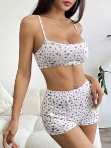 Muchica 2 Pieces Set - Ditsy Floral Camisole Tank Top & Shorts For Women - Violet Purple - View 5