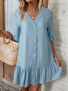 EMERY ROSE Women's Solid Front Button Short Sleeve Casual Cover-Up Dress For Vacation, For Summer Beach ,Country Concert Outfit