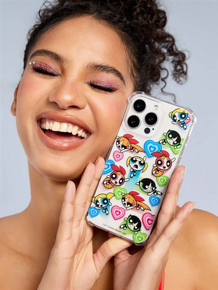 THE POWERPUFF GIRLS X SHEIN Cute Cartoon Print Transparent Anti-Drop Phone Case,Compatible With IPhone ,Y2K - Clear - View 1