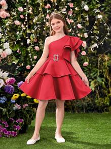 SHEIN Tween Girls' Elegant Ruffled Asymmetrical Shoulder Detachable Waist Belt Dress - Red - View 9