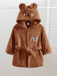 SHEIN 男婴可爱动物图案长袖连帽法兰绒浴袍，秋冬 - 棕色 - 查看 4