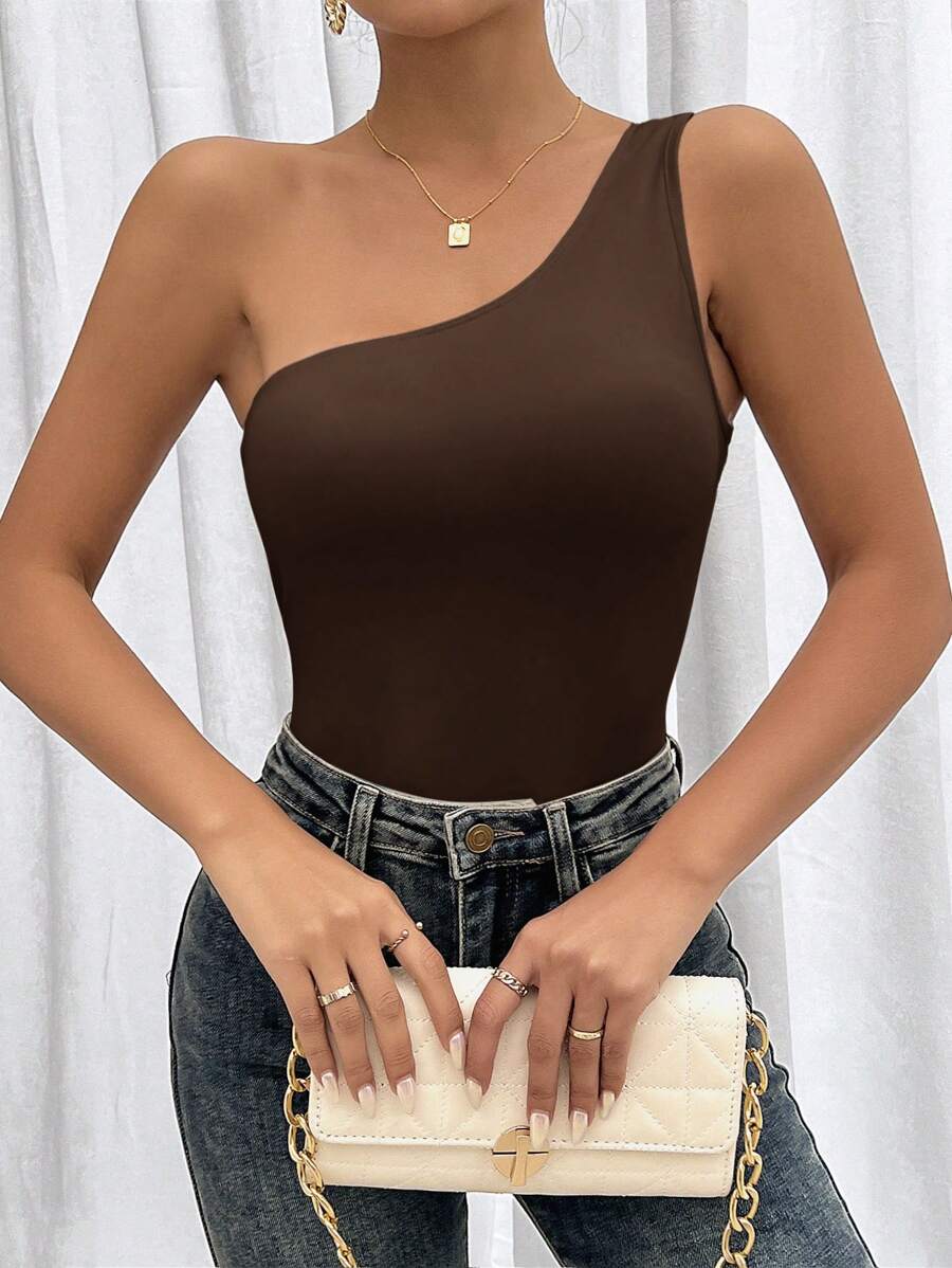 SHEIN Privé 女士纯色不对称单肩紧身运动连体衣 - 棕色 - 查看 1