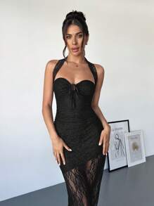 Firerie Đầm hở lưng ren đen thanh lịch thời trang mới cho nữ - màu đen - Xem 7