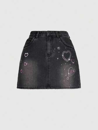Kawaii Women's Summer Denim Skirt With Heart Embroidery And Rhinestone Decoration
