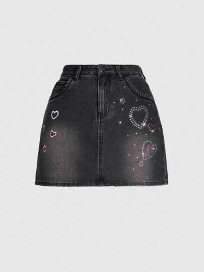 Kawaii Women's Summer Denim Skirt With Heart Embroidery And Rhinestone Decoration
