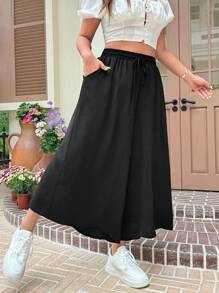 SHEIN EZwear Plus Size Capris For Women,Work,Solid Color Wide Leg Pants,Skorts For Women,Loose Business Casual Woman Straight Leg Trousers,Spring Summer Clothes