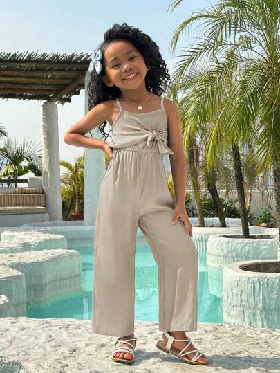 SHEIN SLAYR Young Girl Young Girls' Casual Daily Wear Front Tie Cami Jumpsuit
