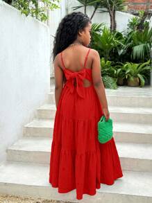 SHEIN Leap Crew Tween Girl Vacation Casual Textured Solid Color Ruffled Back Bowknot Dress - Red - View 2