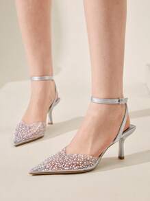 CUCCOO CHICEST Women's Pearl & Rhinestone Transparent Silver Foil Closed Toe Stilettos, Sexy Elegant Pointed Toe Mules For Christmas
