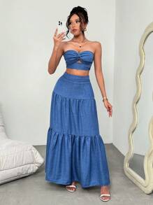 Rafferiza Set de 2 piezas Vestido de vacaciones para mujer con top bandeau azul elegante con twist y falda larga plisada, para primavera/verano - Azul - Ver 5