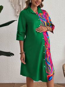 SHEIN Maternity Wavy Graphic Print Patchwork Dress - Multicolor - View 5