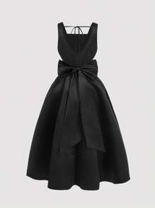 SHEIN MOD Vestido negro elegante de talla grande con lazo y espalda descubierta, vestido formal, vestido de playa para mujer, vestido de fiesta para mujer, vestido de Nochevieja, vestido de vacaciones - Negro - Ver 1