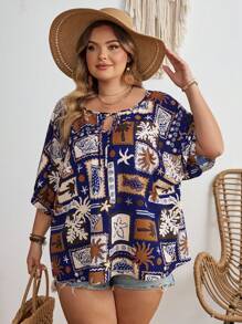 SHEIN CURVE+ Plus Size Women's Front Lace Up Spring/Summer Vacation Printed Shirt With Tie Boho Vacation