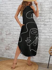 SHEIN LUNE Đầm không tay in hình mặt người, thích hợp cho kỳ nghỉ, dành cho nữ. - Đen và trắng - Xem 3