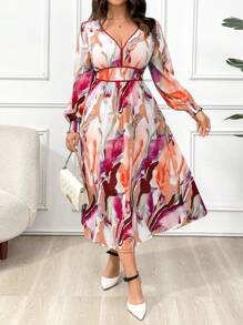 SHEIN Clasi Plus Allover Print Lantern Sleeve Dress For Dailywear Maxi Women Outfit Fall Cloth For Women