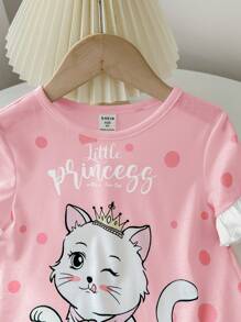SHEIN Young Girl Crew Neck Contrast Ruffle Sleeve Cartoon Graphic Casual Cute Nightgown - Pink - View 3