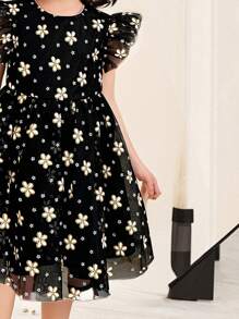SHEIN Young Girl's Elegant Floral Print Round Neck Cap Sleeve Mesh Overlay Dress