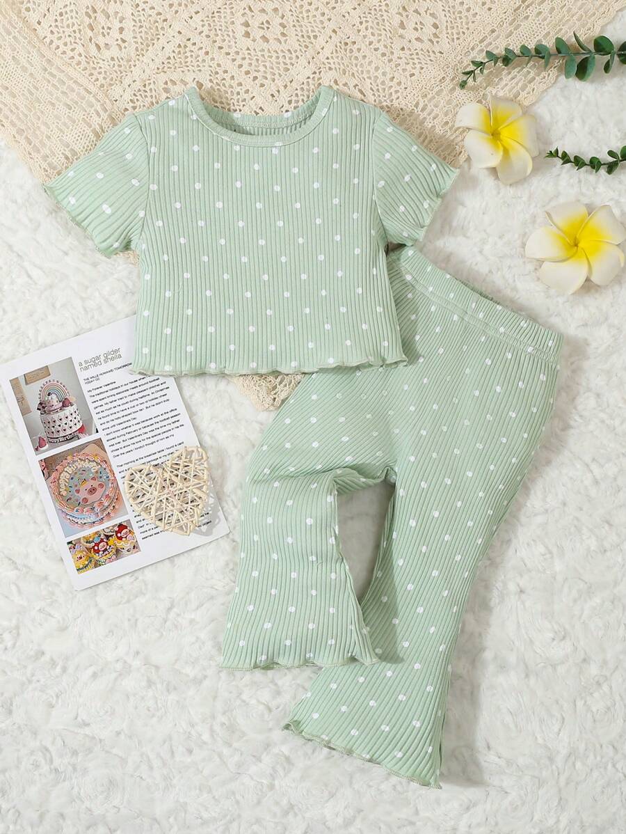 2pcs Baby & Toddler Girl Green Cute Polka Dot Print Short Sleeve Top And Flare Pants Casual Home Outfit