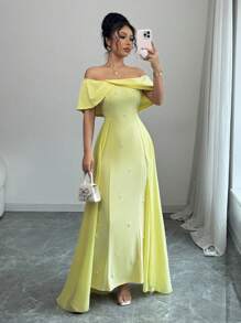 Rafferiza French Elegant Cocktail Party Wedding Guest Off Shoulder Ruched Bodycon Chiffon See-Through Flowy Mermaid Dress, Yellow, Women, Spring/Summer - Yellow - View 8