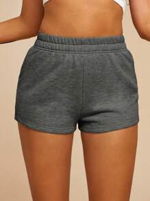SHEIN SXY 女士纯色松紧腰宽松休闲短裤 - 深灰色 - 查看 3
