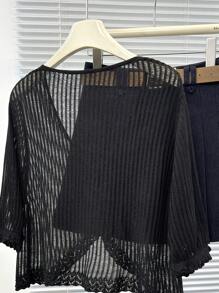 Calvaya Plus Size Casual French Style Black Frill Trim Tie Front Cropped Lightweight Cardigan - Black - View 6