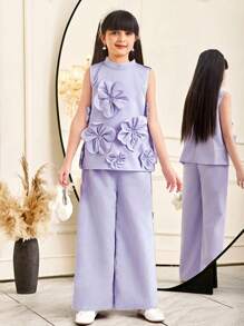 SHEIN 2pcs Tween Girl Elegant Collared Tank Top With 3D Floral Decor & Matching Pants Set - Purple - View 3