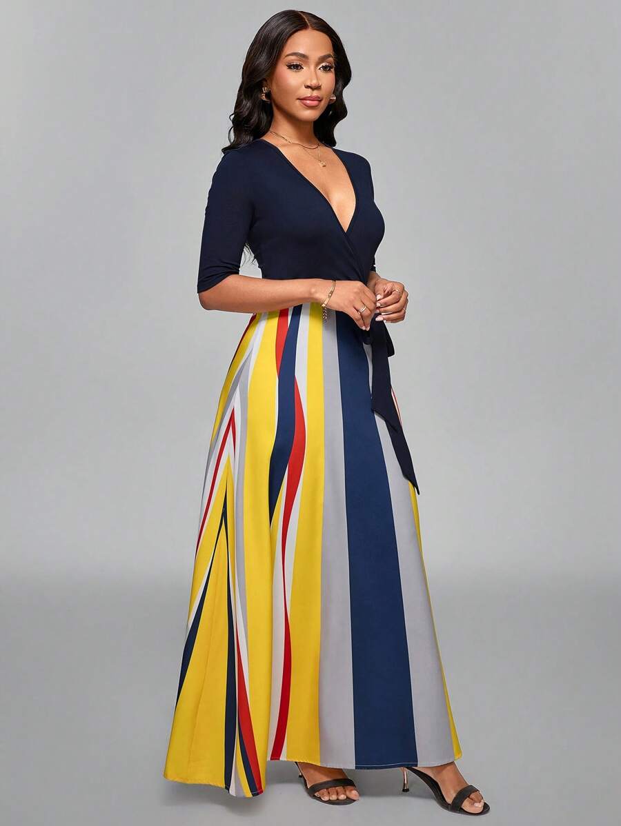 SHEIN Unity Women's Elegant Colorblock Striped Print Patchwork Dress - Blue - View 1