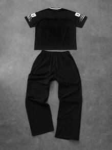 PAVTROS 男士短袖字母印花简约T恤和裤子套装，男士运动服，男士两件套服装，男士服装，男友礼物男士两件套服装 - 黑色 - 查看 2