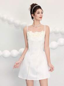 Poshira 女士纯色 3D 贴花流苏露背细肩带派对晚会迷你连衣裙、派对婚纱、派对礼服、婚礼活动宾客礼服、正式舞会礼服 - 杏色 - 查看 6