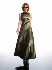 LYSMO Women's Solid Color Round Neck Backless Ruched Sleeveless Elegant Maxi Satin Dress - Brown - View 1