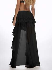 MISSGUIDED Waterfall High Low Maxi Skirt Ruffle Tier Festival Boho Western Dance Performance Asymmetrical Long Flowing Party Evening Wear - Black - View 2