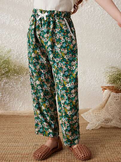 Blossori 年轻女孩橄榄绿色碎花宽松阔腿裤，松紧腰，优雅法式，春夏