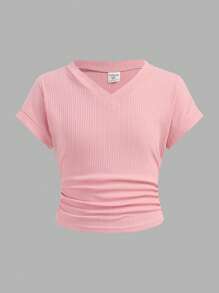 SHEIN Leap Crew Tween 女童度假休闲纹理三色 V 领简约时尚 T 恤 - 彩色 - 查看 6
