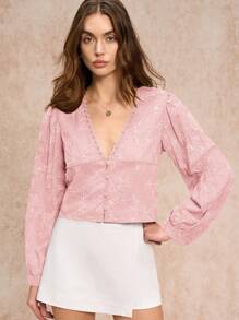 Poéselle 女士 V 领长袖蕾丝边休闲上衣，日常穿着