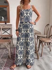 EMERY ROSE 2pcs/Set Women Vacation Outfit, Camisole Top + Print Pants