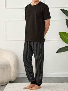 RueChic Men Stripe Printed Regular Shortsleeve Homewear Set - Grey - View 4