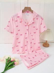 Tween Girl Cute Pink And White Striped Classic Bow Collar Button Front Short Sleeve Shorts 2 Pieces Casual Comfortable Pajama Set,Summer,Travel,Sleep - Pink - View 3