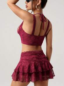 SHEIN ICON Y2K 性感节庆酒红色蕾丝吊带背心和多层迷你裙 2 件套 - 酒紅色 - 查看 2