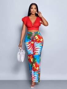 SOLERSUN Women 2 Pieces Set: Solid Color Ruffle Lantern Sleeve Crop Top & Tropical Plant Print Pants, Vacation Style - Red - View 6