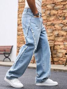 Manfinity Roughcore Men's Loose Wide Leg Frayed Hem Blue Jeans - Light Wash - View 6