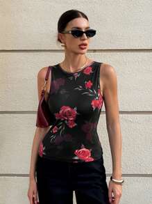 SHEIN Essnce Dames Tanktop met bloemenprint en mouwloos, aansluitend model