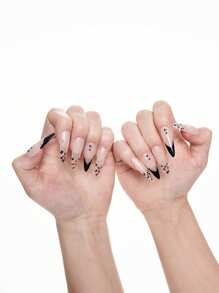 ROMWE Grunge Punk 10 件朋克风格优质豹纹手工假指甲 + 3 件双面胶贴纸，Y2K 哥特式美甲，可拆卸和可重复使用的手绘指甲贴花，适合节日、派对、舞会和日常穿着、万圣节