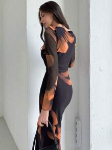 Aloruh Elegant Neck Long Sleeve Autumn/Winter Tie Dye Mesh Print Party Cocktail Dress