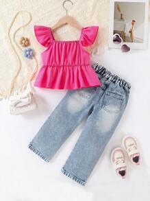 SHEIN Genkimix Kids Young Girl 2 Pieces Set: Light Blue Denim Cap Sleeve Blouse Top And Light Blue Denim Jeans, Adorned With 3D Floral Plush Decor, Fashionable Casual Style For Daily, Outdoor Wear, School, Campus, College Summer Holiday - Pink - View 2