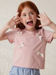 Blossori Young Girls French Elegant Pink Knit T-Shirt And Blue Woven Shorts Set, Spring/Summer - Multicolor - View 4