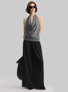 Ontre Women's Elegant Sexy Solid Color Halter Plunge Neck Backless Knit Top