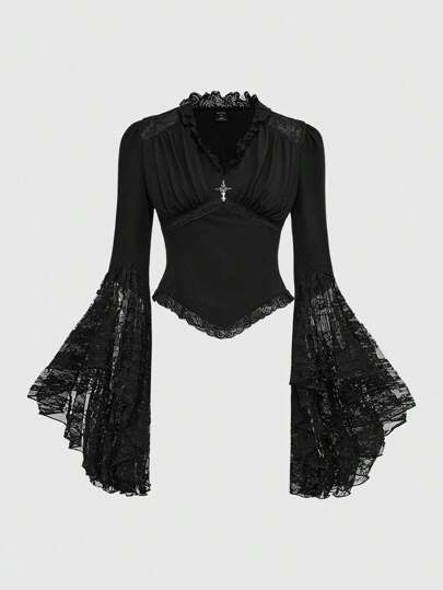 Plus Size Gothic Style Vintage Palace Ruffled Waist Fitted Lace Patchwork V-Neck Flare Sleeve Shirt