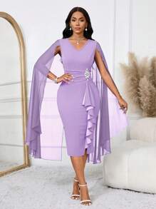 SHEIN Lady Vestido de noche formal elegante con capa estructurada y transparente de color azul para mujeres, vestido azul para otoño y todas las estaciones, vestido azul real y azul sexy para mujeres